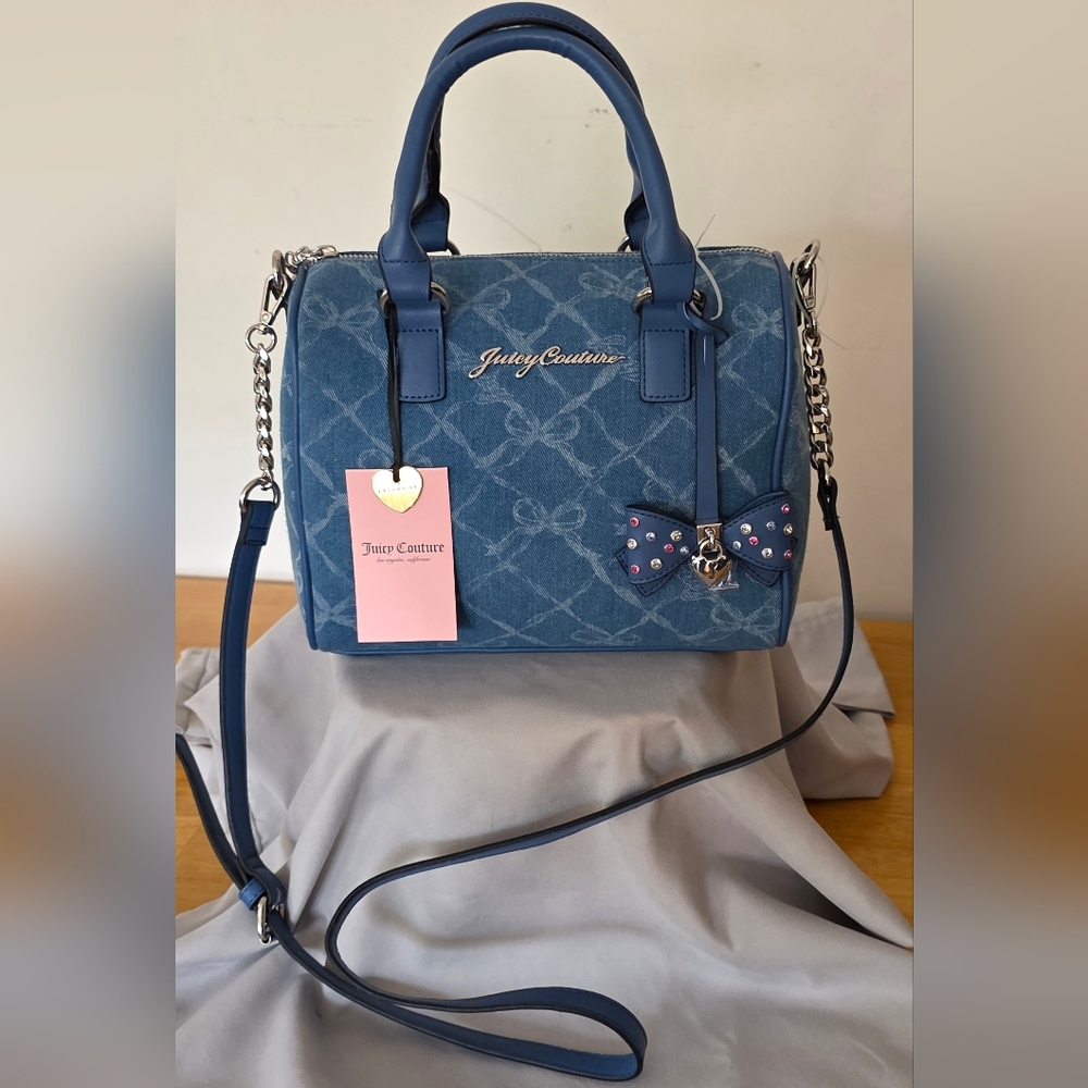 NWT JUICY COUTURE EXCLUSIVE DENIM SATCHEL with Bow Accent and Crossbody Strap. - Picture 2 of 7